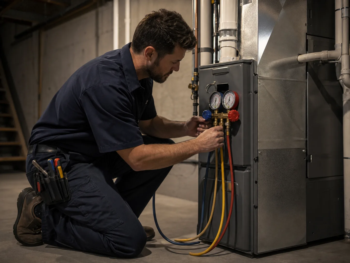 Technician servicing a furnace