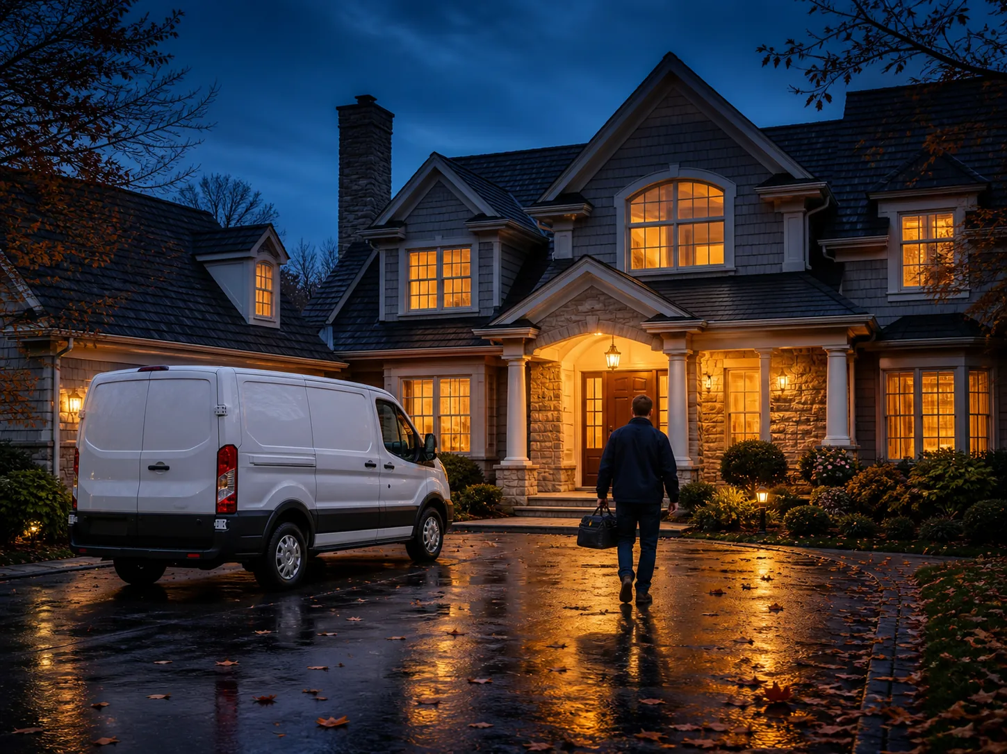 Historic Kenilworth, Illinois home at dusk
