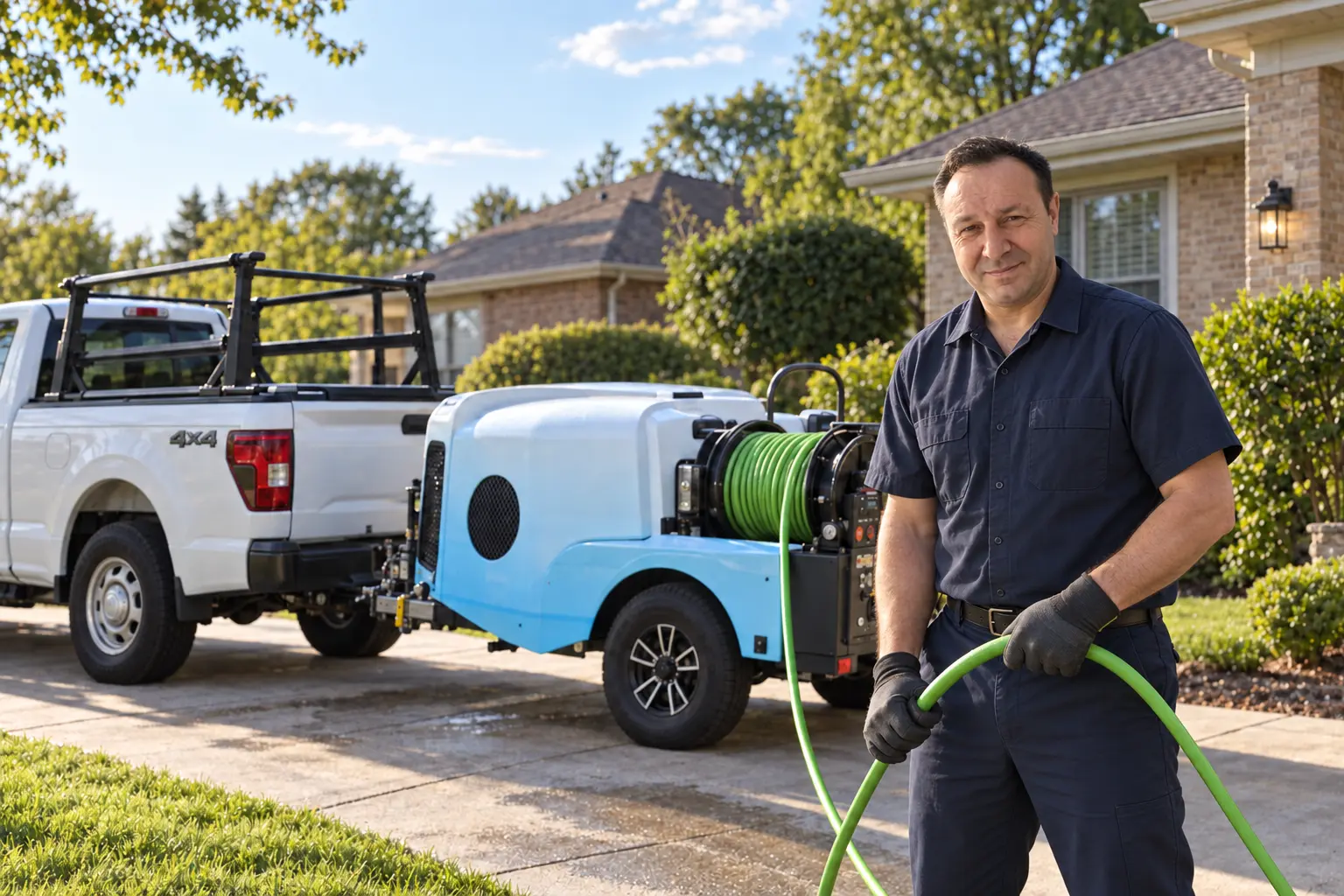Frolkin & Sons hydro jetting specialist beside trailer-mounted equipment